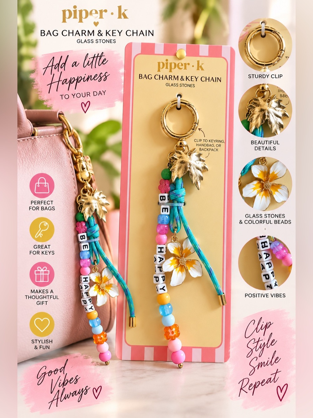 Piper K BE HAPPY Beaded Bag Charm/ Keychain